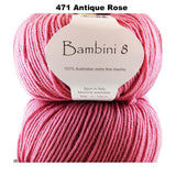 BAMBINI 8 - 8ply/DK/Lt Worsted 100% Australian Merino 50g/115m CHOOSE COLOUR
