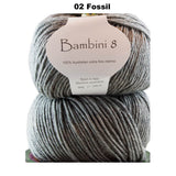 BAMBINI 8 - 8ply/DK/Lt Worsted 100% Australian Merino 50g/115m CHOOSE COLOUR