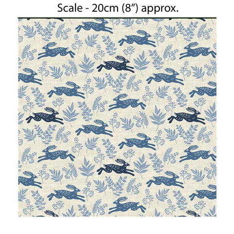 HEDGEROW HARES BLUE - 100% Cotton - by Makower UK