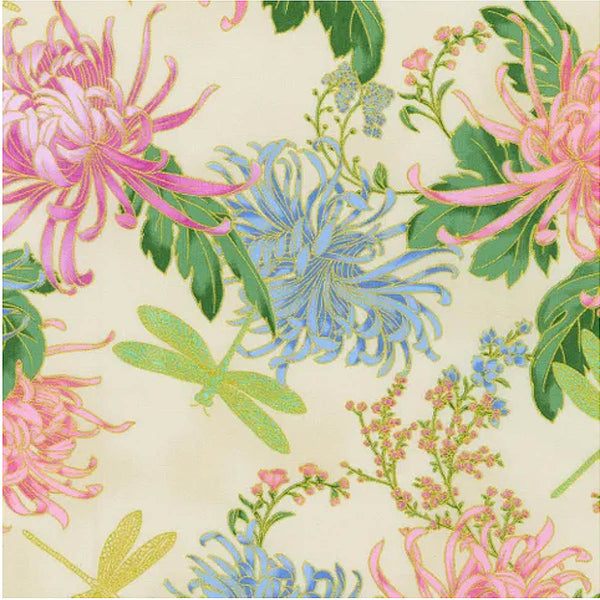 RK/ AURELIA - Mums & Dragonflies Ecru - Metallic Gold Detail