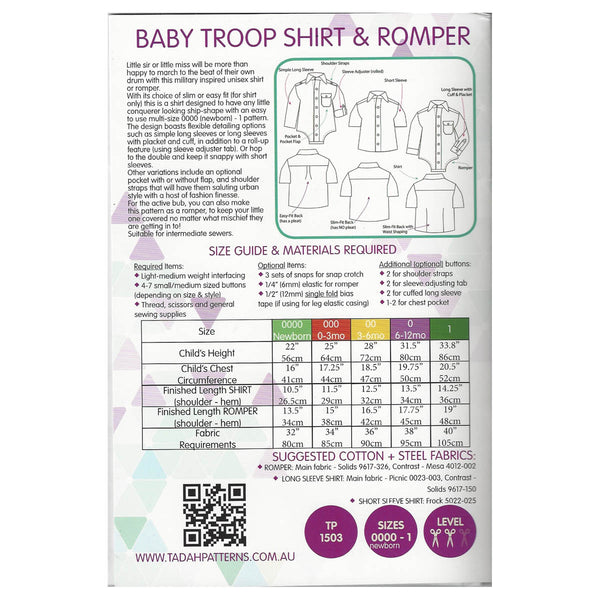 TADAH - BABY TROOP SHIRT & ROMPER -Sizes: 0000 (newborn) - 1