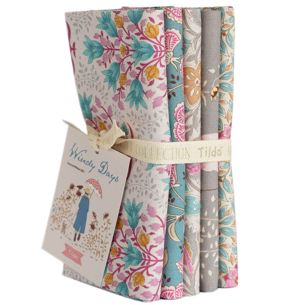 Tilda WINDY DAYS -  FAT QUARTER BUNDLE - 5 FQ's - GREY/TEAL