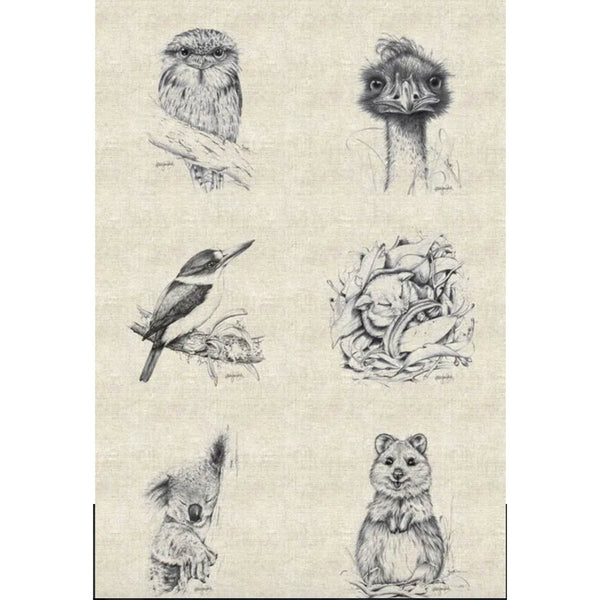 D/NJP Australian Fauna #1 - 86cm x 137cm Linen/Cotton Panel of 6 Motifs -  by N.J. Parker DV3717